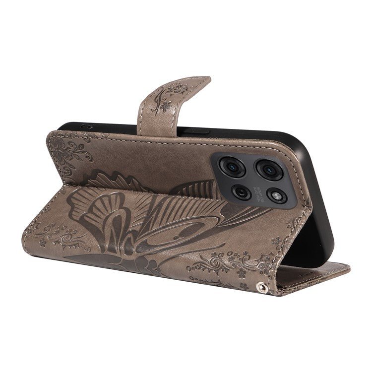 For Motorola Moto G75 5G Case Butterfly Pattern Leather Wallet Flip Phone Cover - Grey