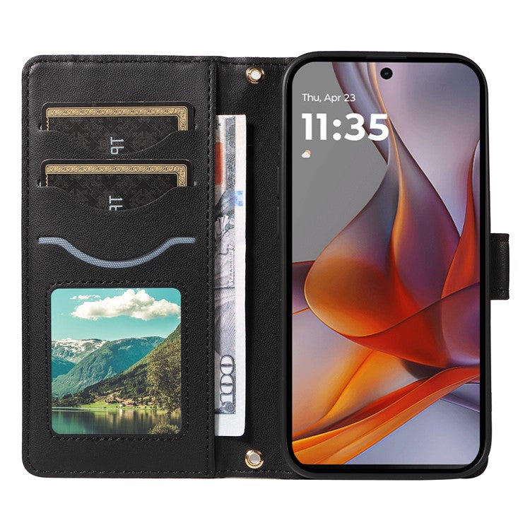 For Motorola Moto G75 5G Wallet Case Rhombus Leather Phone Cover with Shoulder Strap, Wrist Strap - Black