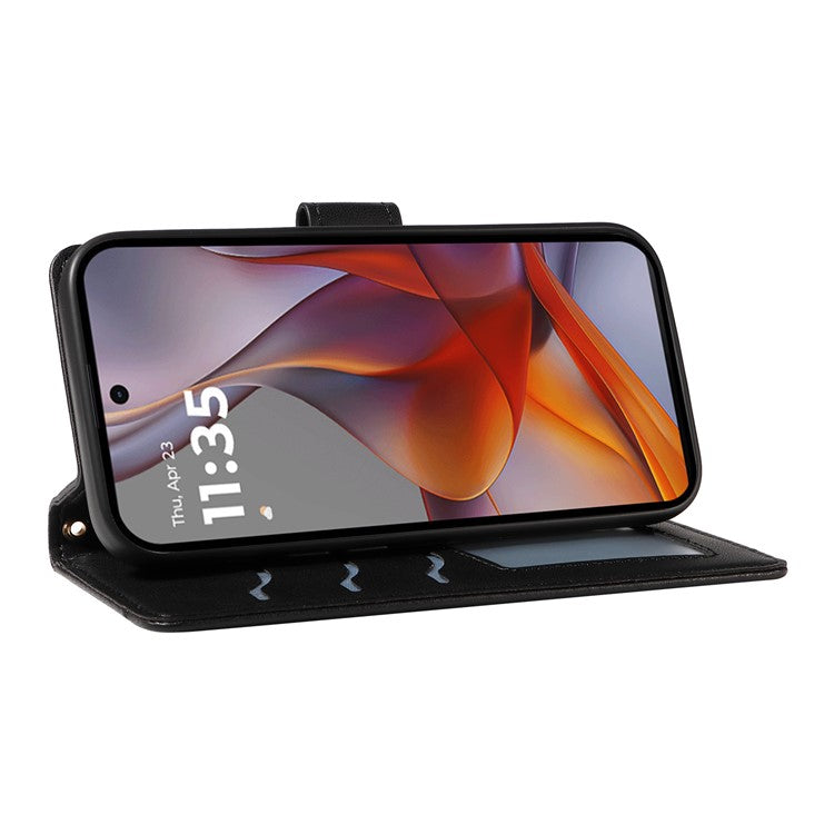 For Motorola Moto G75 5G Wallet Case Rhombus Leather Phone Cover with Shoulder Strap, Wrist Strap - Black