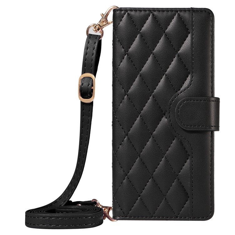 For Motorola Moto G75 5G Wallet Case Rhombus Leather Phone Cover with Shoulder Strap, Wrist Strap - Black
