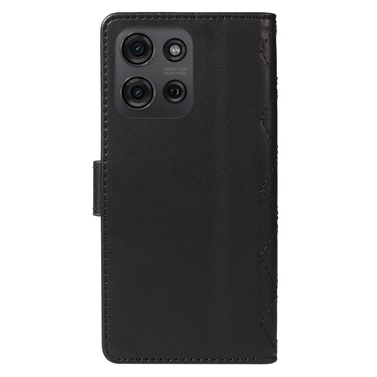 For Motorola Moto G75 5G Wallet Case Rhombus Leather Phone Cover with Shoulder Strap, Wrist Strap - Black