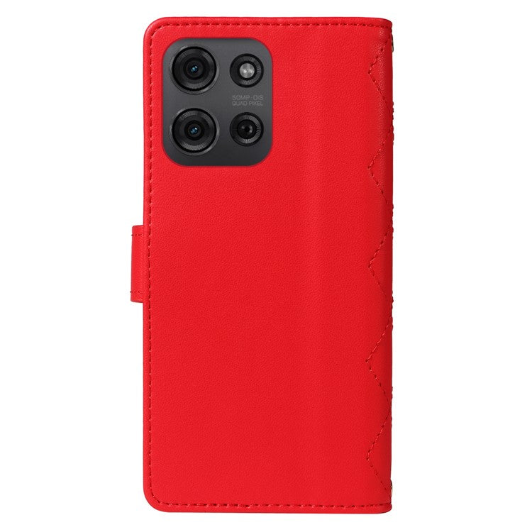 For Motorola Moto G75 5G Wallet Case Rhombus Leather Phone Cover with Shoulder Strap, Wrist Strap - Red