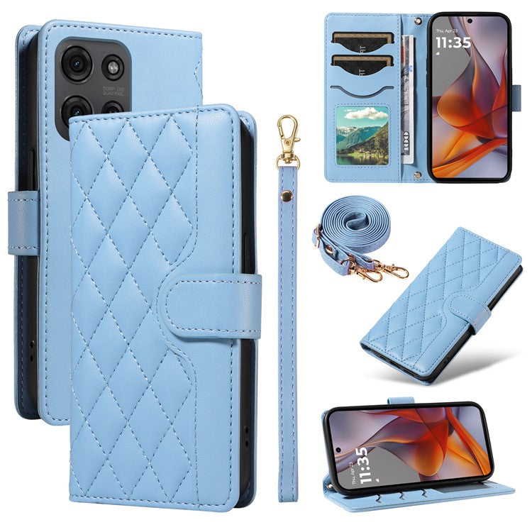 For Motorola Moto G75 5G Wallet Case Rhombus Leather Phone Cover with Shoulder Strap, Wrist Strap - Blue