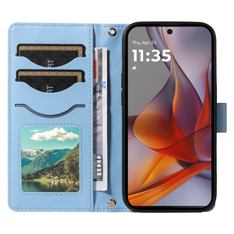 For Motorola Moto G75 5G Wallet Case Rhombus Leather Phone Cover with Shoulder Strap, Wrist Strap - Blue