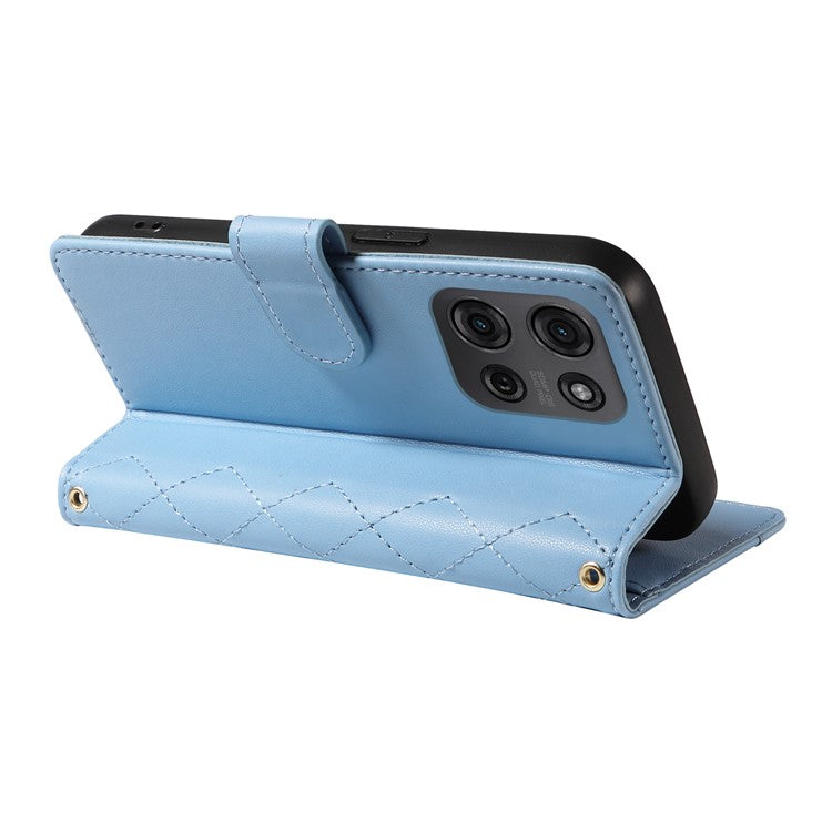 For Motorola Moto G75 5G Wallet Case Rhombus Leather Phone Cover with Shoulder Strap, Wrist Strap - Blue