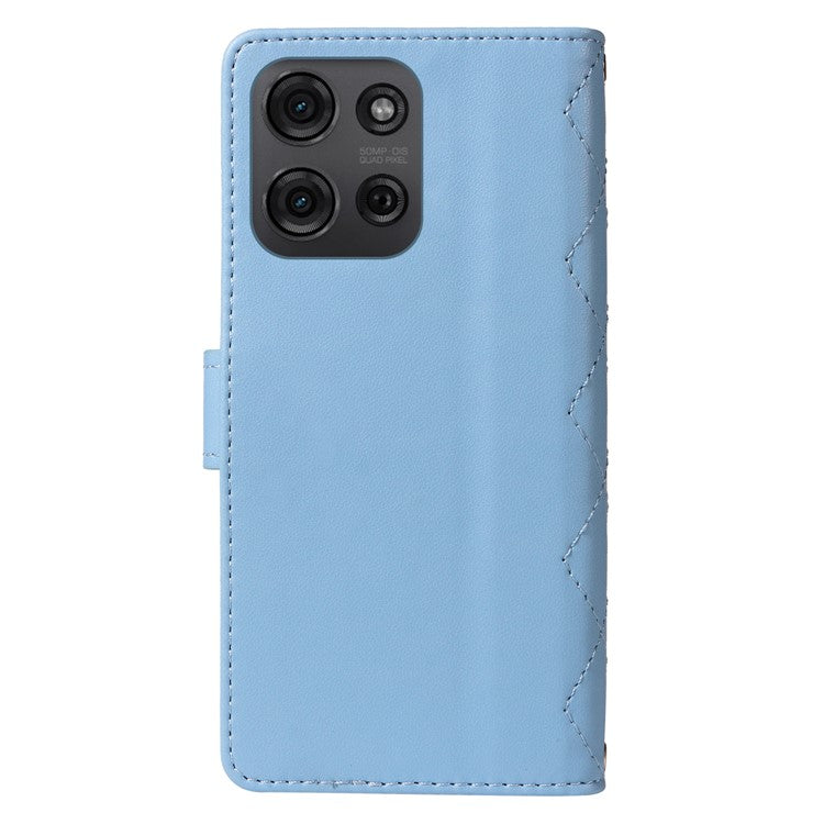 For Motorola Moto G75 5G Wallet Case Rhombus Leather Phone Cover with Shoulder Strap, Wrist Strap - Blue