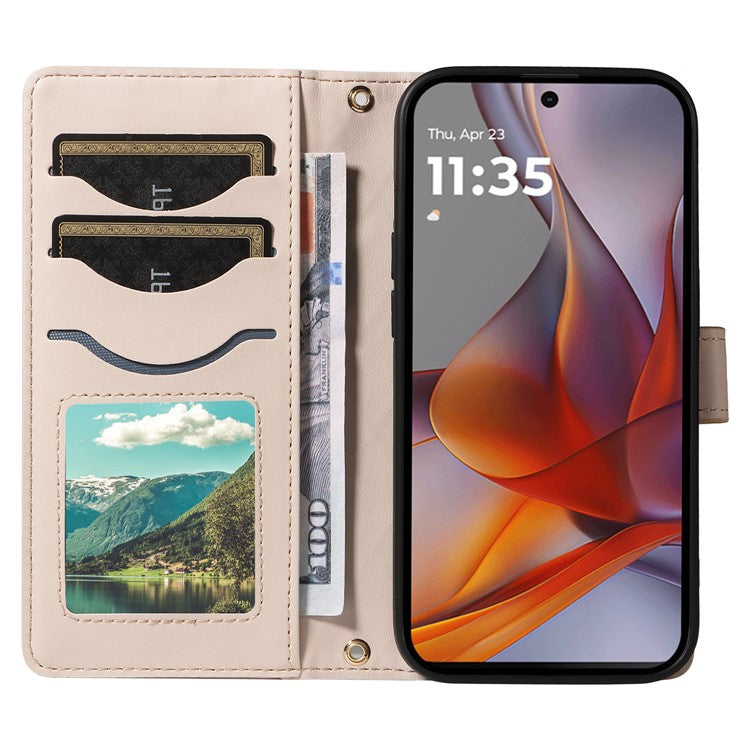For Motorola Moto G75 5G Wallet Case Rhombus Leather Phone Cover with Shoulder Strap, Wrist Strap - Apricot