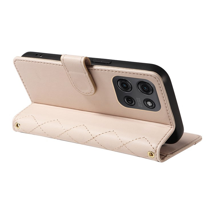 For Motorola Moto G75 5G Wallet Case Rhombus Leather Phone Cover with Shoulder Strap, Wrist Strap - Apricot