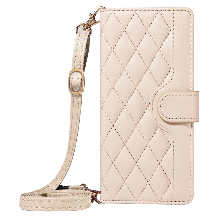 For Motorola Moto G75 5G Wallet Case Rhombus Leather Phone Cover with Shoulder Strap, Wrist Strap - Apricot