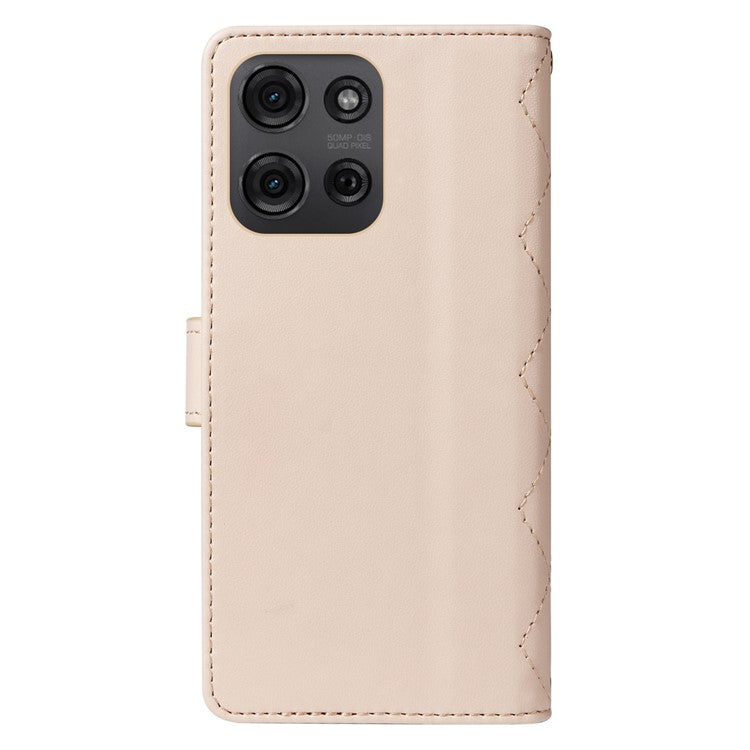 For Motorola Moto G75 5G Wallet Case Rhombus Leather Phone Cover with Shoulder Strap, Wrist Strap - Apricot