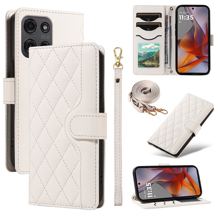 For Motorola Moto G75 5G Wallet Case Rhombus Leather Phone Cover with Shoulder Strap, Wrist Strap - White