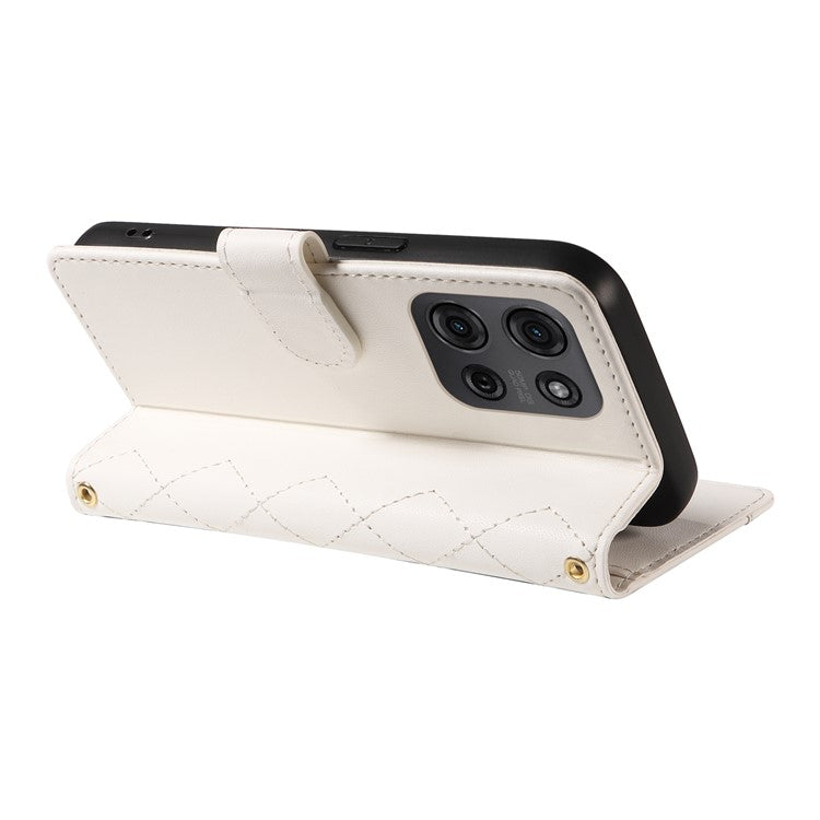 For Motorola Moto G75 5G Wallet Case Rhombus Leather Phone Cover with Shoulder Strap, Wrist Strap - White