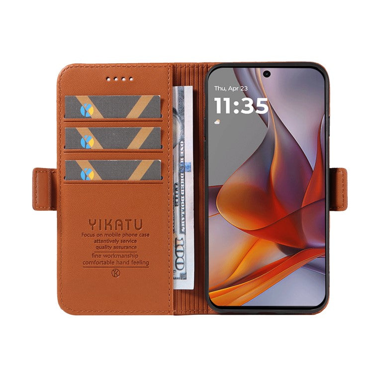 YIKATU YK-003 For Motorola Moto G75 5G Case Wallet Stand Leather Phone Cover Side Buckle - Brown
