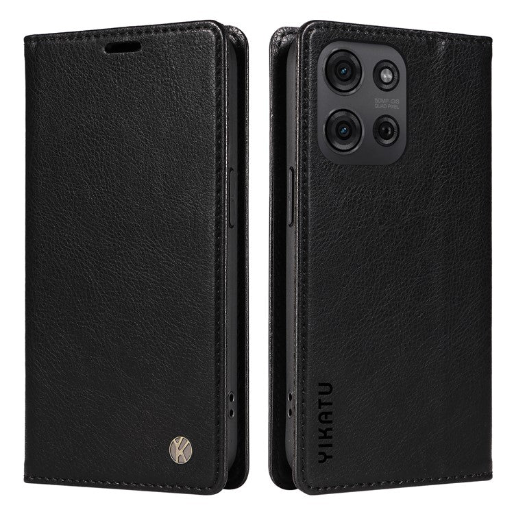 YIKATU YK-006 For Motorola Moto G75 5G Case Magnetic Closure Leather Phone Cover Litchi Texture  - Black