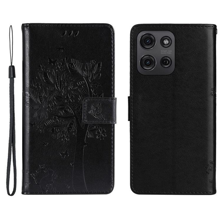 For Motorola Moto G75 5G Case Cat Tree Pattern Flip Leather Phone Cover - Black