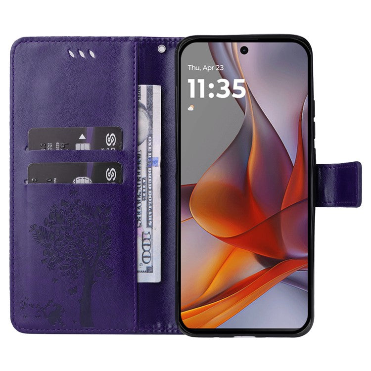 For Motorola Moto G75 5G Case Cat Tree Pattern Flip Leather Phone Cover - Purple