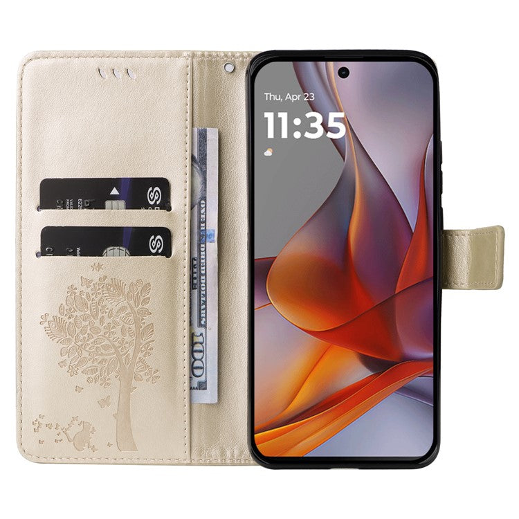 For Motorola Moto G75 5G Case Cat Tree Pattern Flip Leather Phone Cover - Gold