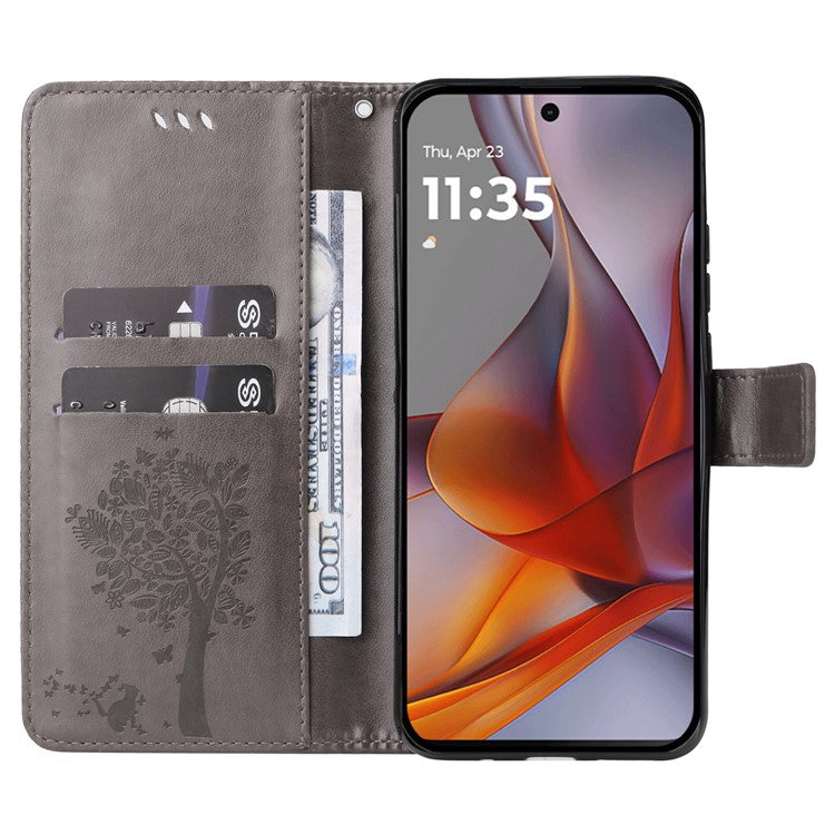 For Motorola Moto G75 5G Case Cat Tree Pattern Flip Leather Phone Cover - Grey