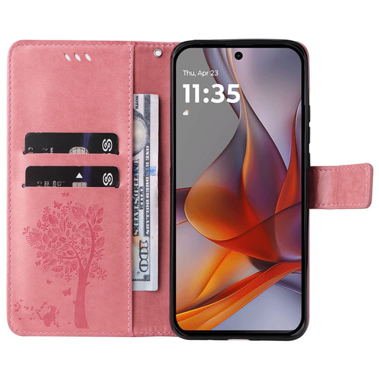 For Motorola Moto G75 5G Case Cat Tree Pattern Flip Leather Phone Cover - Pink