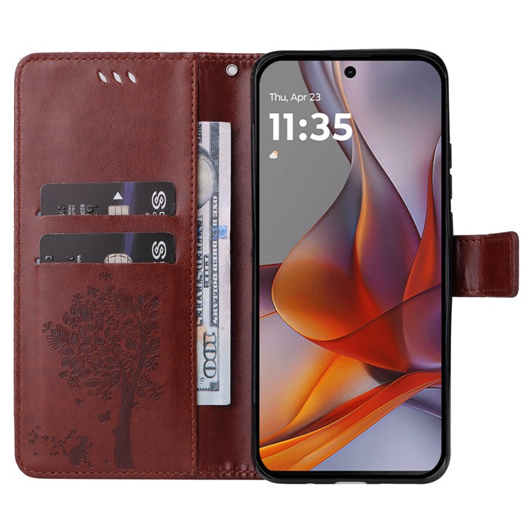 For Motorola Moto G75 5G Case Cat Tree Pattern Flip Leather Phone Cover - Coffee