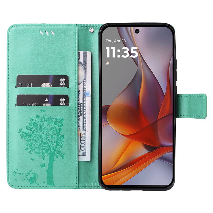 For Motorola Moto G75 5G Case Cat Tree Pattern Flip Leather Phone Cover - Green