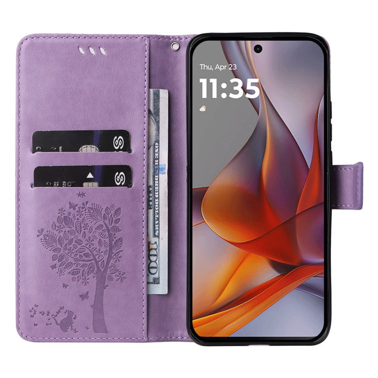 For Motorola Moto G75 5G Case Cat Tree Pattern Flip Leather Phone Cover - Light Purple