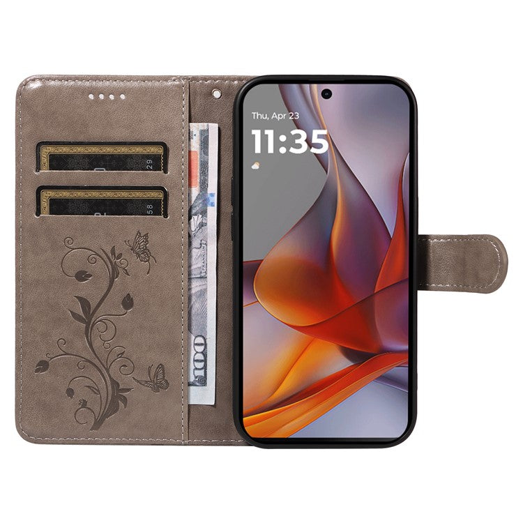 For Motorola Moto G75 5G Case Flower Pattern PU Leather Wallet Phone Cover - Grey