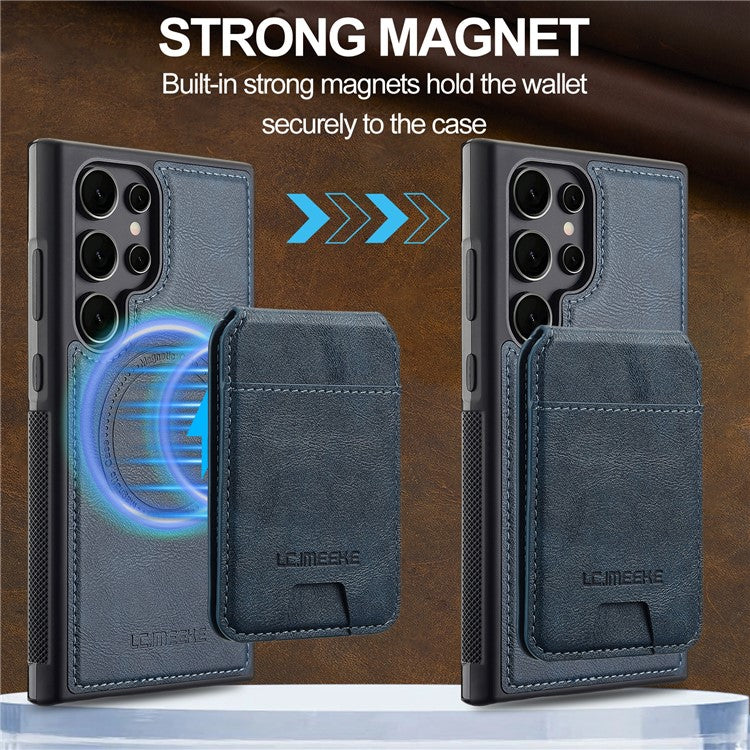 LC.IMEEKE L3 For Samsung Galaxy S23 Ultra Magnetic Case Detachable Card Holder Leather+TPU Mobile Cover - Blue