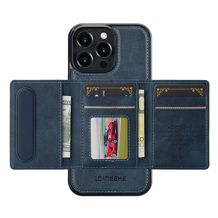 LC.IMEEKE L5 For iPhone 16 Pro Magnetic Phone Case Leather Back Cover with Detachable Card Holder - Blue