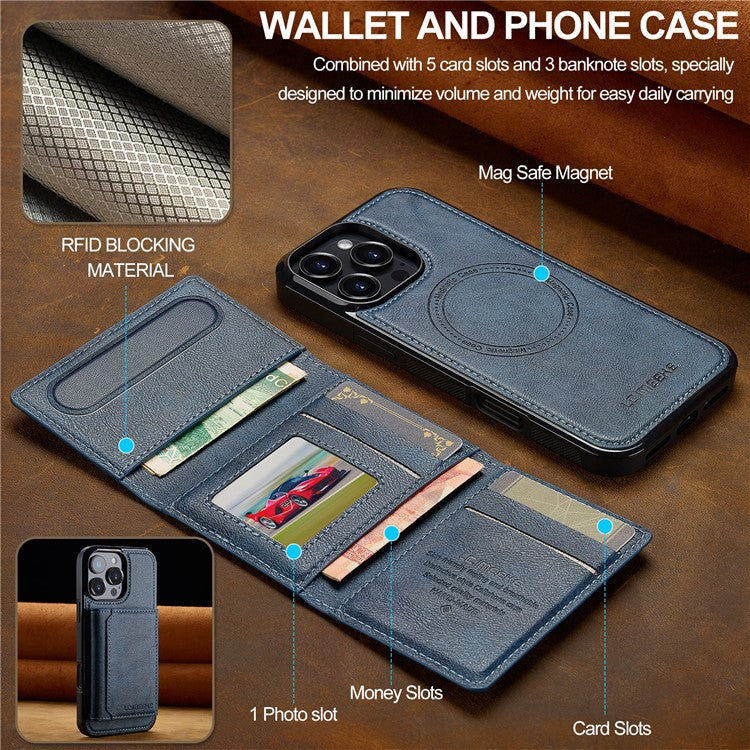 LC.IMEEKE L5 For iPhone 16 Pro Magnetic Phone Case Leather Back Cover with Detachable Card Holder - Blue