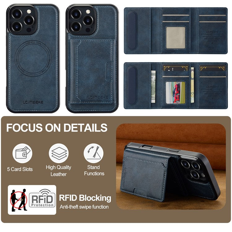 LC.IMEEKE L5 For iPhone 16 Pro Magnetic Phone Case Leather Back Cover with Detachable Card Holder - Blue