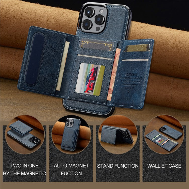 LC.IMEEKE L5 For iPhone 16 Pro Magnetic Phone Case Leather Back Cover with Detachable Card Holder - Blue
