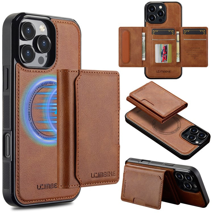 LC.IMEEKE L5 For iPhone 16 Pro Magnetic Phone Case Leather Back Cover with Detachable Card Holder - Brown