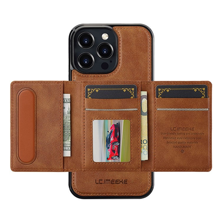 LC.IMEEKE L5 For iPhone 16 Pro Magnetic Phone Case Leather Back Cover with Detachable Card Holder - Brown