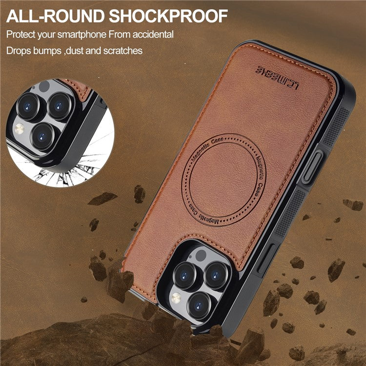 LC.IMEEKE L5 For iPhone 16 Pro Magnetic Phone Case Leather Back Cover with Detachable Card Holder - Brown