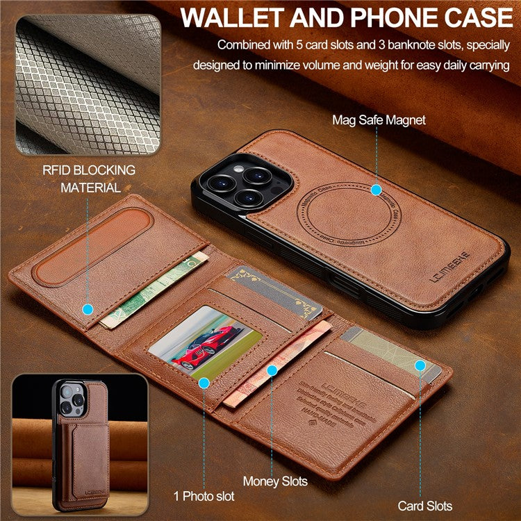 LC.IMEEKE L5 For iPhone 16 Pro Magnetic Phone Case Leather Back Cover with Detachable Card Holder - Brown