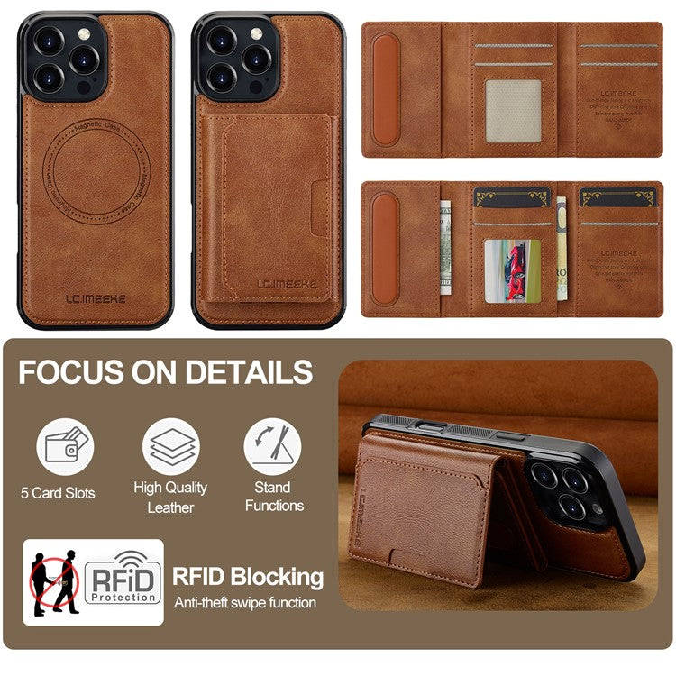 LC.IMEEKE L5 For iPhone 16 Pro Magnetic Phone Case Leather Back Cover with Detachable Card Holder - Brown