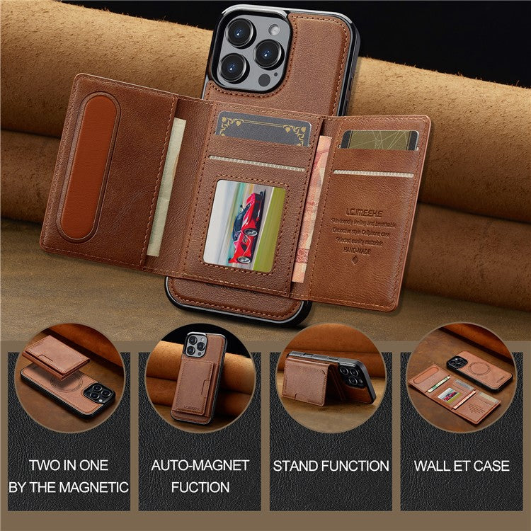 LC.IMEEKE L5 For iPhone 16 Pro Magnetic Phone Case Leather Back Cover with Detachable Card Holder - Brown