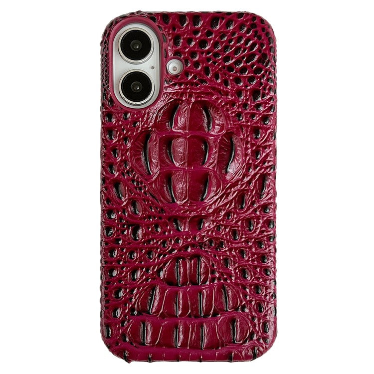 For iPhone 16 Case Crocodile Head Genuine Cow Leather Coated PC Phone Cover - Red