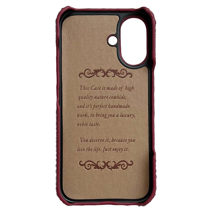 For iPhone 16 Case Crocodile Head Genuine Cow Leather Coated PC Phone Cover - Red