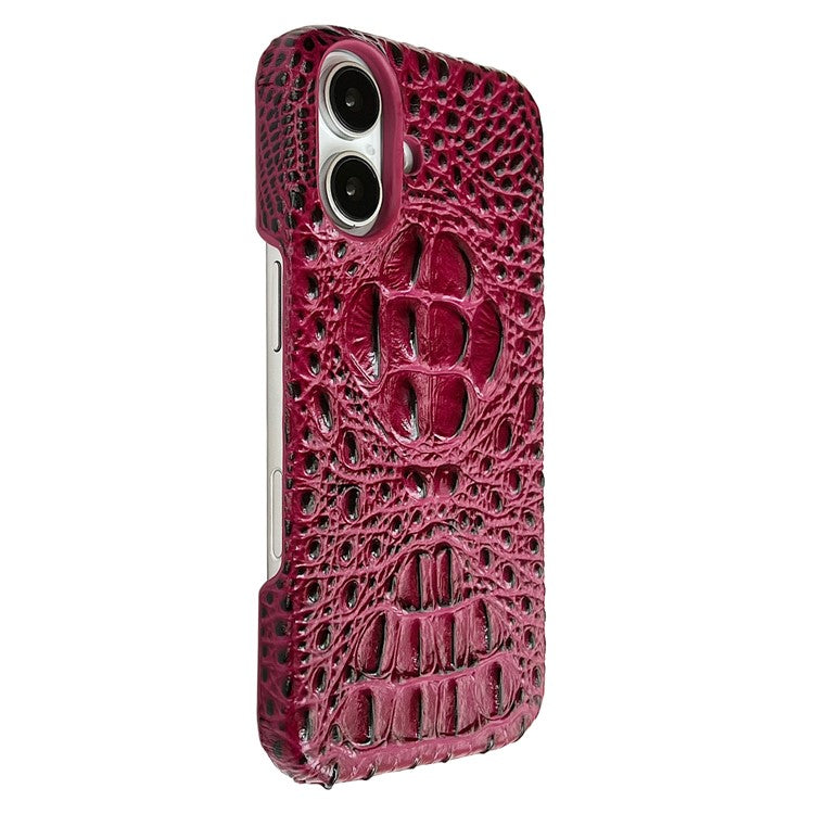 For iPhone 16 Case Crocodile Head Genuine Cow Leather Coated PC Phone Cover - Red