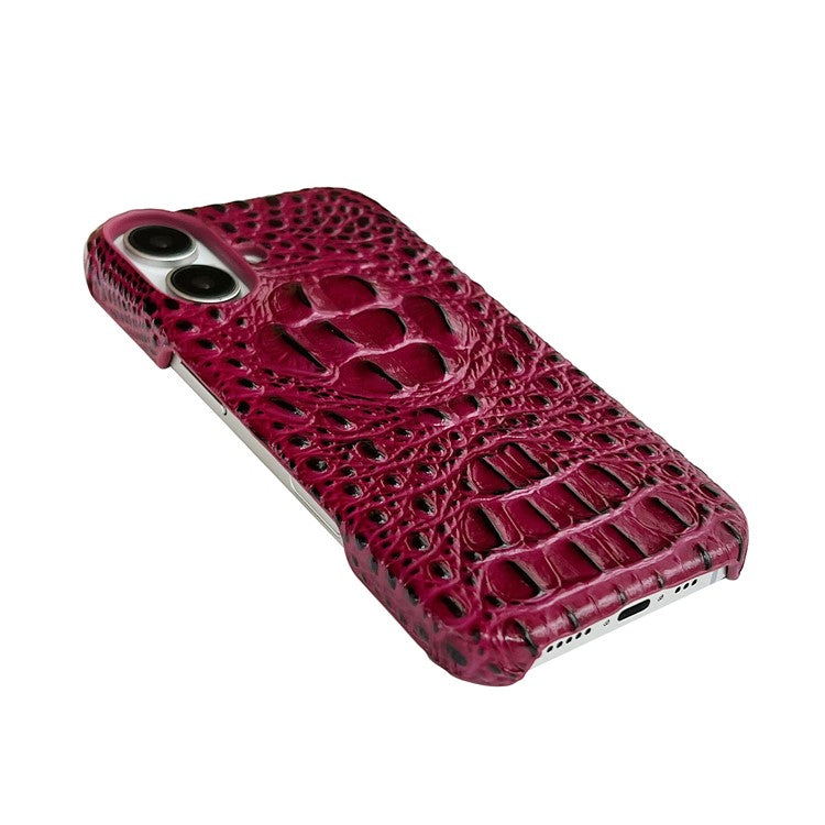 For iPhone 16 Case Crocodile Head Genuine Cow Leather Coated PC Phone Cover - Red