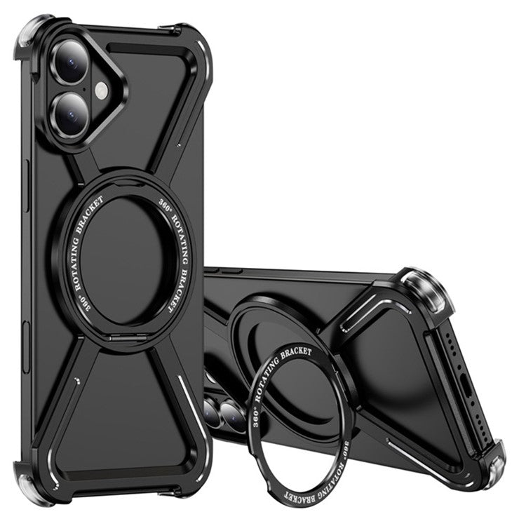 For iPhone 16 Plus Magnetic Case Rotating Kickstand Metal Bumper Phone Cover - Black