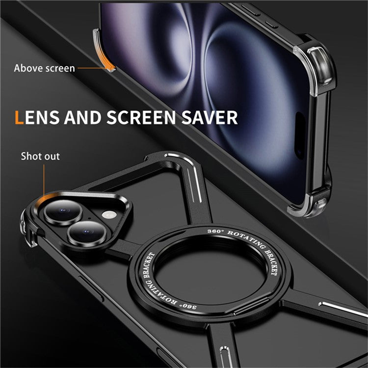 For iPhone 16 Plus Magnetic Case Rotating Kickstand Metal Bumper Phone Cover - Black