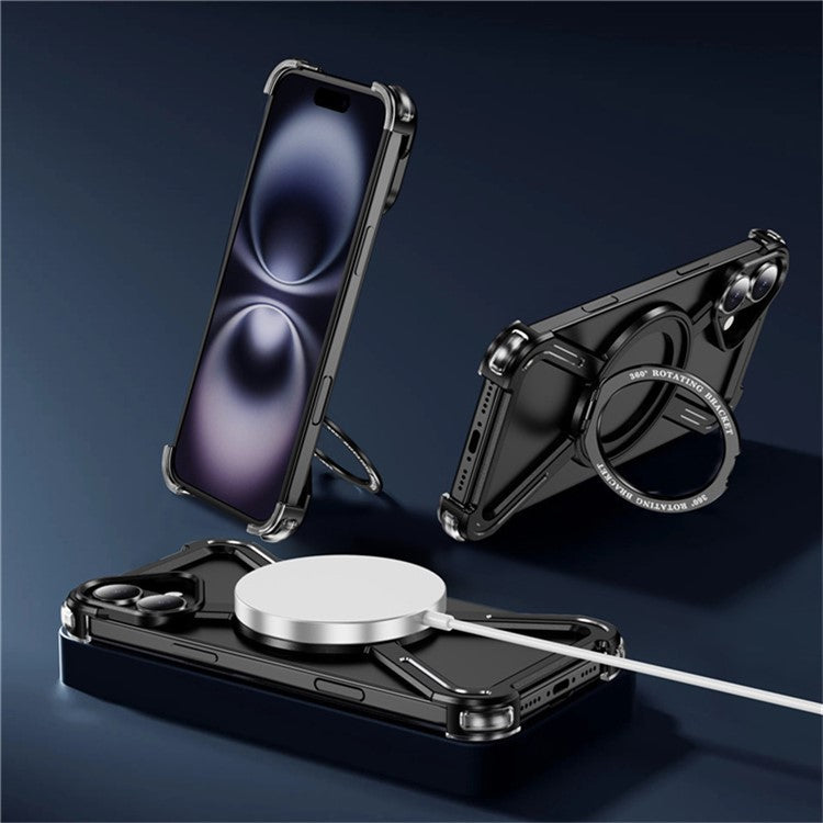 For iPhone 16 Plus Magnetic Case Rotating Kickstand Metal Bumper Phone Cover - Black