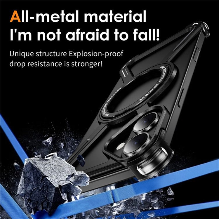 For iPhone 16 Plus Magnetic Case Rotating Kickstand Metal Bumper Phone Cover - Black