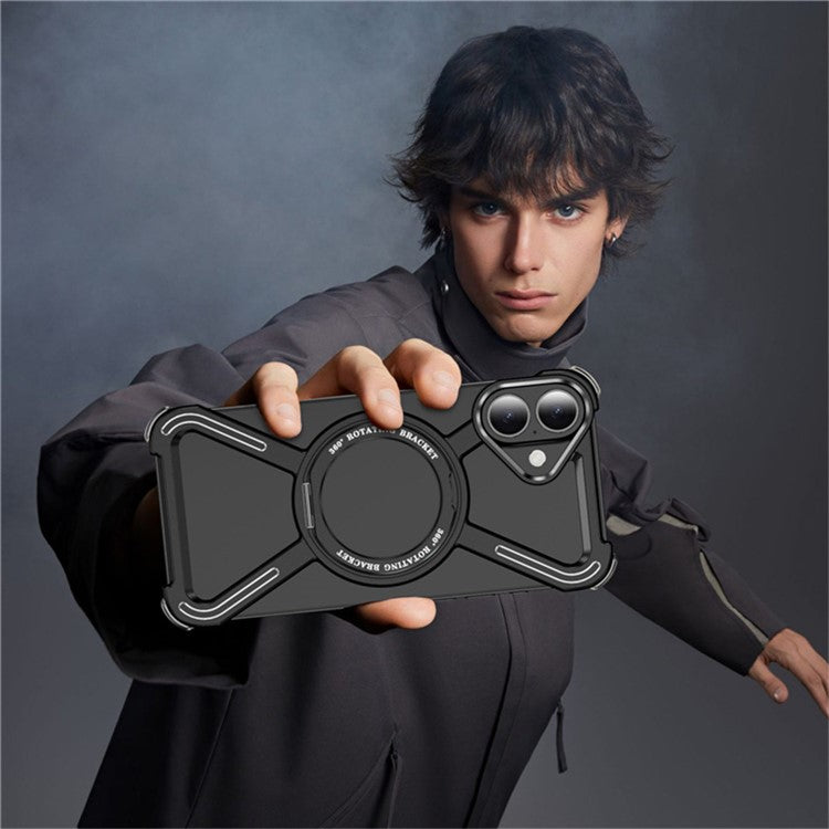 For iPhone 16 Plus Magnetic Case Rotating Kickstand Metal Bumper Phone Cover - Black
