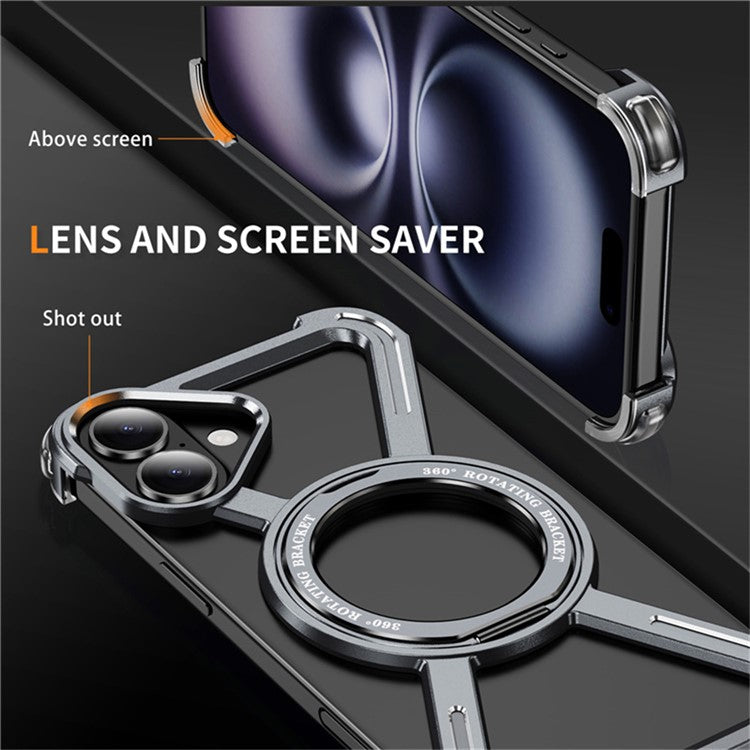 For iPhone 16 Plus Magnetic Case Rotating Kickstand Metal Bumper Phone Cover - Grey