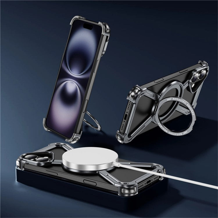 For iPhone 16 Plus Magnetic Case Rotating Kickstand Metal Bumper Phone Cover - Grey