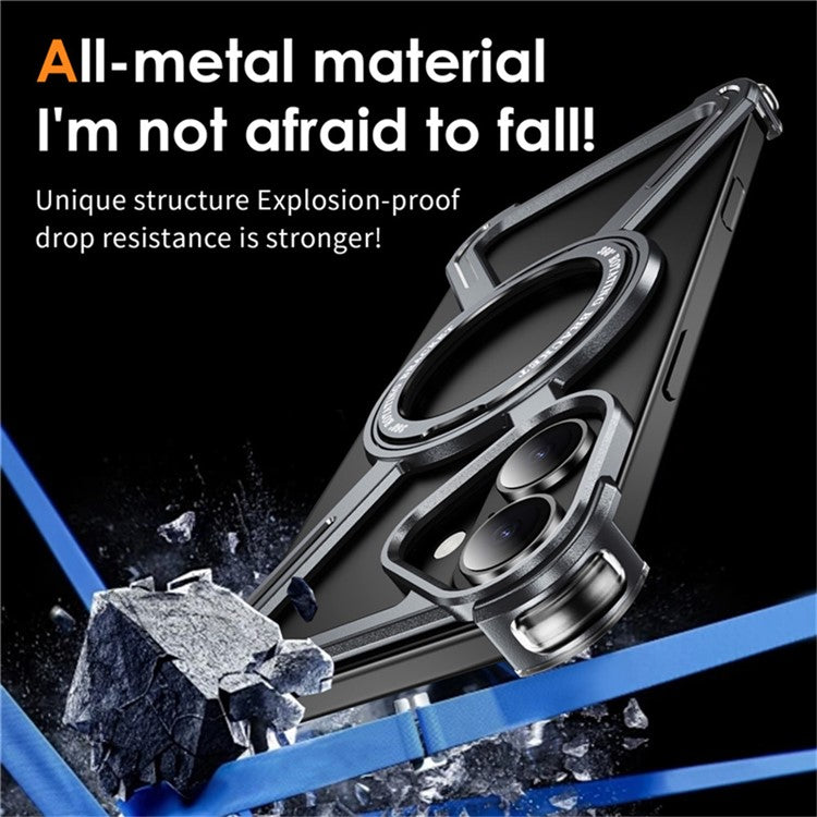For iPhone 16 Plus Magnetic Case Rotating Kickstand Metal Bumper Phone Cover - Grey
